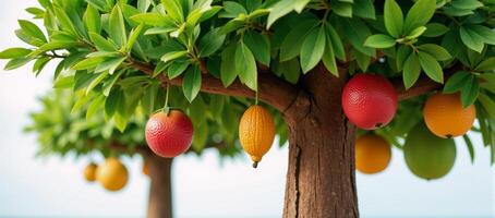A whimsical scene featuring a tree producing colorful cartoony fruits photo
