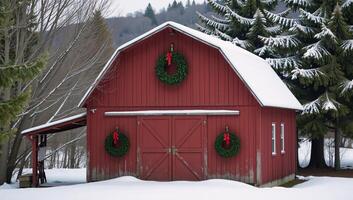 A charming winter scene featuring a festively decorated red barn amidst snowy evergrees photo