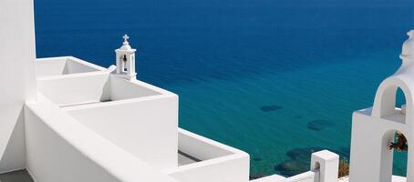 Minimalist Square Design Flat Style Travel Portrayal of Mykonos highlighting its iconic white structures azure waters for travelinspired dcor or vacations photo