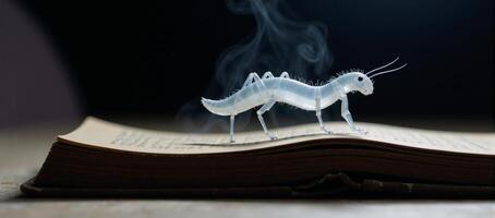 A ghostlike bookworm sits quietly among dusty tomes photo