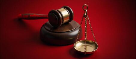 Gavel and Scales depicting justice against a vivid red backdrop photo