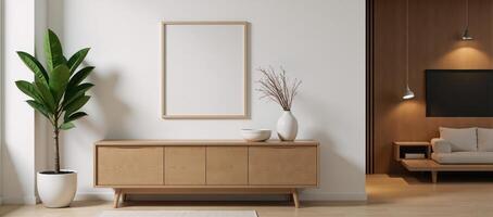 Modern neutraltoned living room features woodpaneled sideboard and empty picture frame minimalist aesthetic creates a warm and inviting ambiance Rendering photo