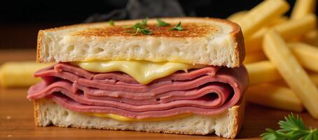 Corned Beef Cheese Sandwich on Toast with Parsley Garnish Layered Melty Herby photo