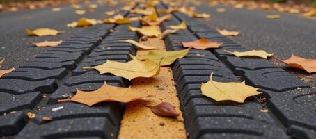 Closeup shot of colorful autumn leaves scattered across asphalt road around tire treads photo