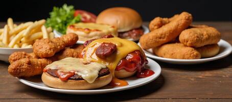 Fast food top view unhealthy meals with sauces on wooden table photo