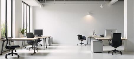 Modern office setting featuring an empty white wall for mockup purposes Rendering photo
