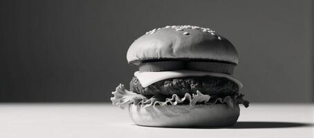 Minimalist blackandwhite art depicting a layered hamburger with sesame seed bun lettuce and cheese photo