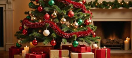 Vibrant decorations adorn a twinkling Christmas tree with gifts and warmth photo