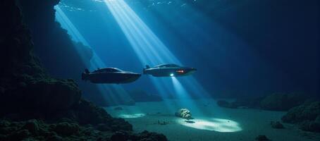 Underwater explorers light up the depths with their bright beams photo