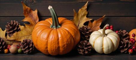 Rustic Fall scene featuring pumpkins leaves pine cones and berries on weathered wooden table for a cozy seasonal ambiance photo