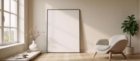 Contemporary mockup featuring a minimalist beige room with rendered design elements photo