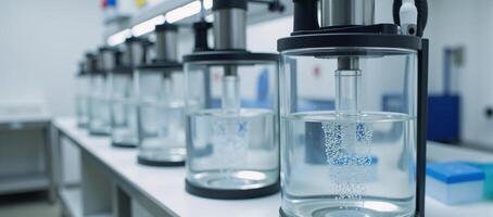 Biotechnological scene depicting microorganism cultivation in lab fermenters for drug production within the pharma sector and biotech industries photo