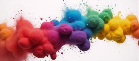 Vibrant explosion of colorful powders on stark white backdrop closeup view depicted through neural network art photo