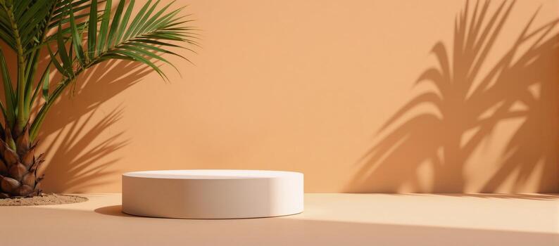 A sunlit pasteltoned Earthy Orange landscape features a podium on a summers day with Palm Tree Shadows in the foreground Naturalistic Mockup photo
