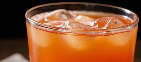 Closeup image of a sparkling orange drink with ice cubes photography photo