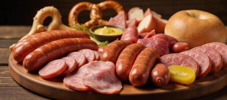 Oktoberfestthemed assortment of various sausages on a charcuterie board photo