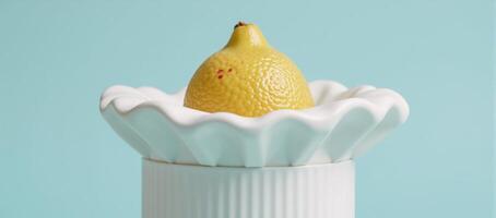 A lemon wearing a chef hat against a soft pastel blue backdrop photo