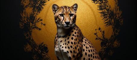 Digital art depicting an abstract fantasy portrait of a goldenblack tropical cheetah with a natural theme and textured design photo