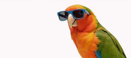 Colorful bird with sunglasses against white backdrop for various designs such as covers cards and presentations Isolated photo