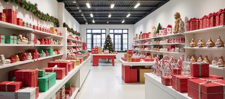 A Christmasthemed toy store with white backdrop and decorative confectionery architectural elements photo