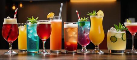 Assorted drinks and alcoholic beverages displayed in various glasses and garnished for visual appeal photo