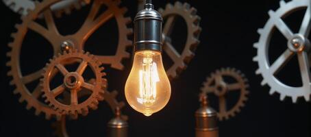 A dynamic digital illustration showcasing intertwined light bulbs and spinning gears in motion photo