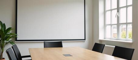 Conference room interior Blank projector screen windows against mockwall background photo