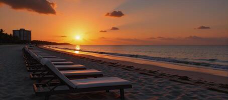Beach Sunset Lounge Chairs Foreground Distant Building photo