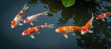 Overhead perspective showcases koi fish swimming in a tranquil pond photo