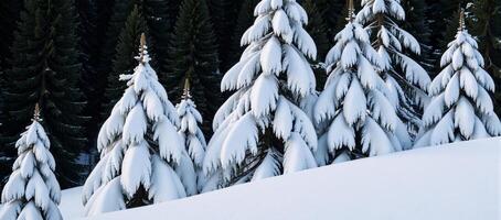 Snowdrenched spruces stand out against snowy slopes during a winter scene photo