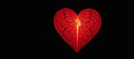 An abstract glowing red heart featuring visible cracks against a dark backdrop photo