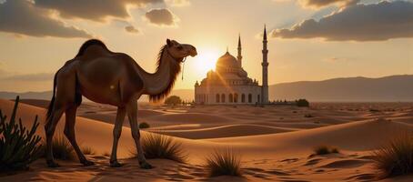 A stunning RamadanEid backdrop showcases a beautifully lit mosque amidst colorful lanterns photo