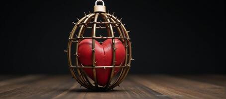 Hyperrealistic illustration showcases a red heart in a brass cage adorned by brown thorn vines and locked photo