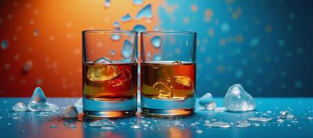 Celebrate National Hangover Day or Dry January with an abstract image featuring alcoholic beverages glasses set against a vibrant background in blueorangered color scheme photo