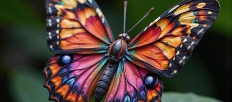 A fantasyinspired painting features a vibrantly colored butterfly perched with grand fairy wings photo