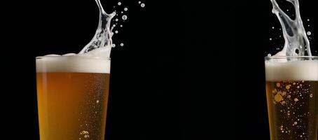Slowmotion capture of a beer glass splash against a black backdrop photo