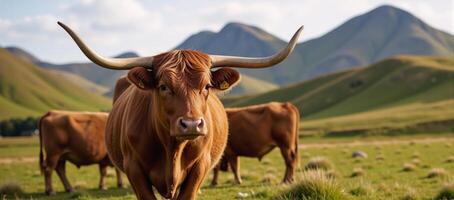 A portrait depicts Scotlands Highlands with cattle grazing amidst Scottish wildlife and rugged landscapes photo