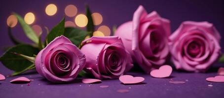 Purple Rose Background featuring Love Wallpaper filled with Heart Shaped Roses and Bokeh Lights for Valentines Day Design photo