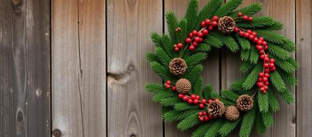 A Christmas wreath adorned with red berries and pinecones hangs on a rustic wooden barn door photo