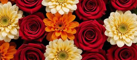 Floral composition showcasing interwoven patterns of roses chrysanthemums and marigolds photo