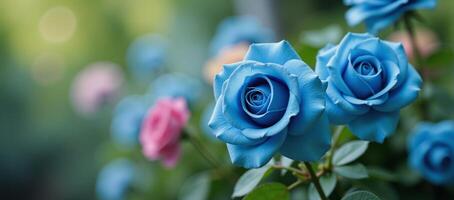 Blue rose bouquet amidst a colorful and romantic garden setting photo