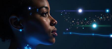 Closeup profile portrait of young African American woman glows with cosmic light dots symbolizing connectivity and future technology photo