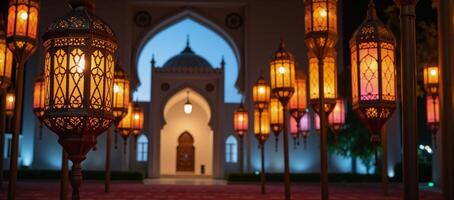 Islamic Greetings featuring an Islamic lantern and Mosque against the backdrop of Eid Al Fitr celebrations photo