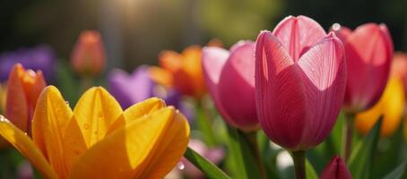 Sunlit Spring Garden Vibrant flowers shimmer as rain drops dance in morning light photo