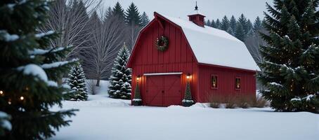 Snowy countryside scene featuring a cozy lighted red barn amidst evergrees photo
