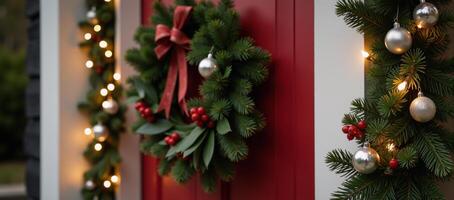 Christmas frontdoor garland adorned with festive lights photo