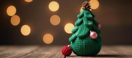 Knitted Christmas tree set against festive bokeh background holiday craft design photo