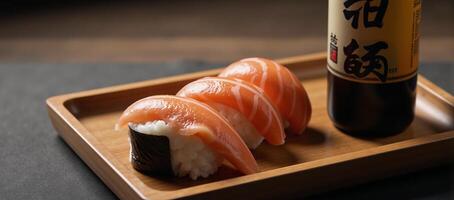 Highdefinition image featuring photorealistic sushi roll and sake bottle in a Japanese dining concept setting with copy space available for text photo