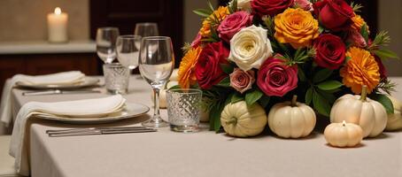 Fallinspired wedding table decorated with traditional autumnal flowers and gourds photo