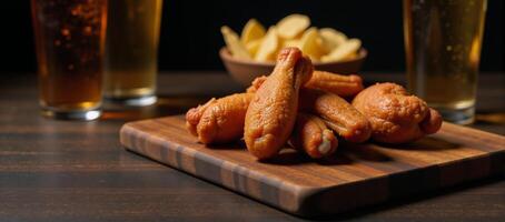 Fried chicken wings beer nachos served on a wooden board in shadowy silhouette photo